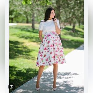 Rachel parcell pink peonies full floral midi skirt with pockets NEW